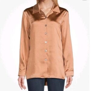 John Mark Women Copper Bronze Satin Button Down Shirt Long Sleeve Blouse Large‎